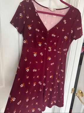 “Pink Rose” Burgundy Floral V-Neck Dress